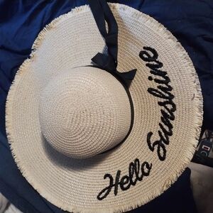 Beige Sun Hat with Black Ribbon and Text
